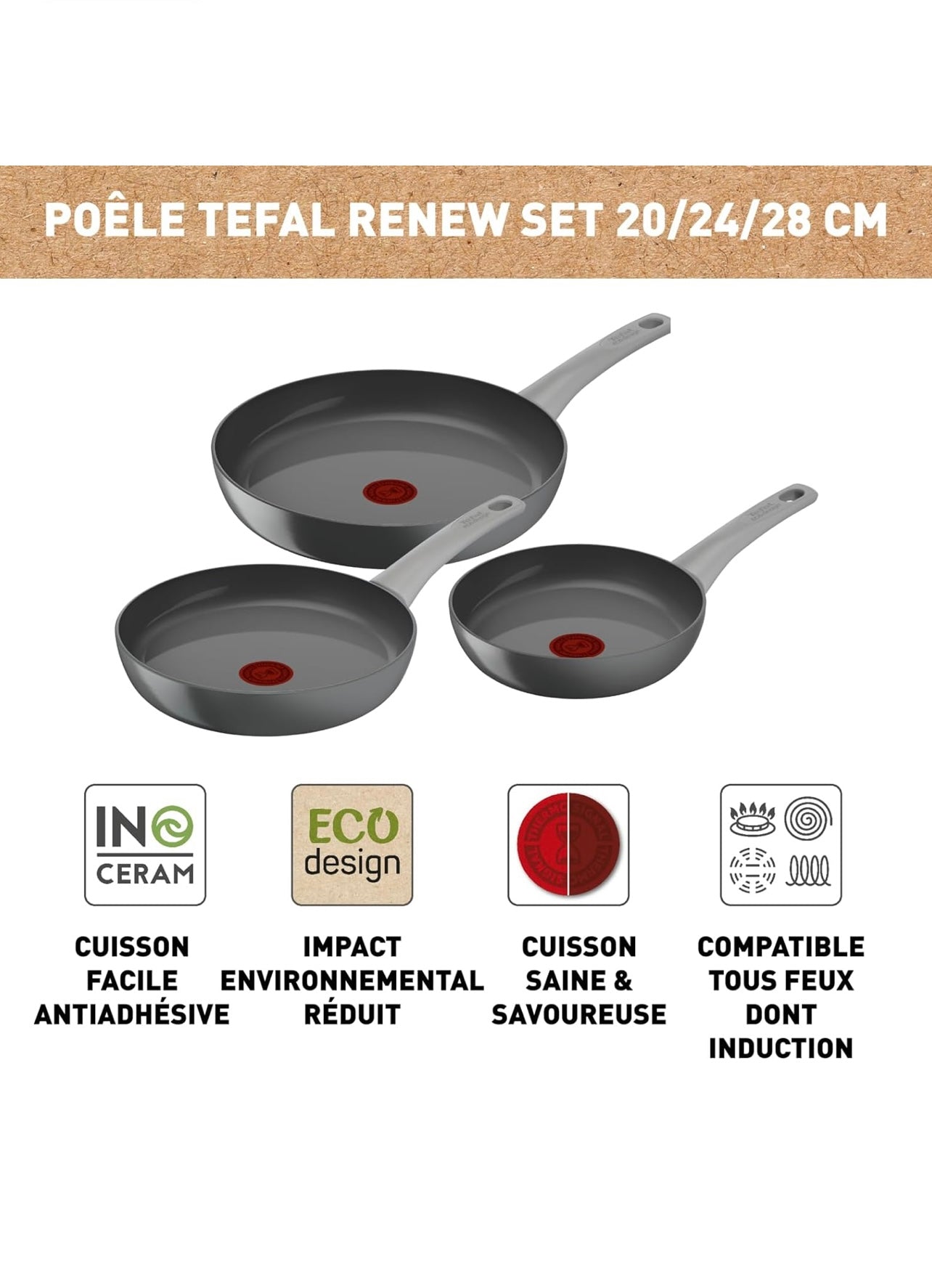 Tefal Lot de 3 poêles 20/24/28 cm