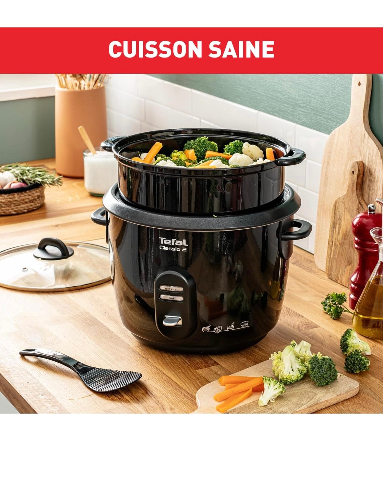 Tefal Classic 2 Cuiseur à riz, 5 L, 1,5 kg de riz, Automatique, Maintien au chaud, Sans surveillance, Cuve antiadhésive, Nettoyage facile, Panier vapeur, Noir RK103811