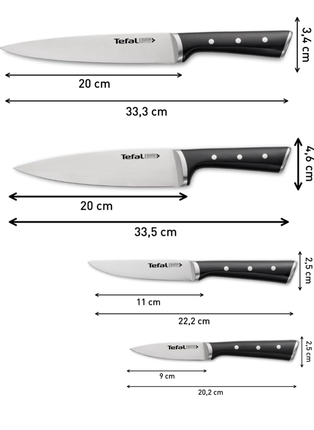 Tefal Ice Force Set de 4 couteaux, Couteau à découper 9 cm + couteau chef 20 cm + couteau d'office 11 cm + couteau à émincer 20 cm K2324S74