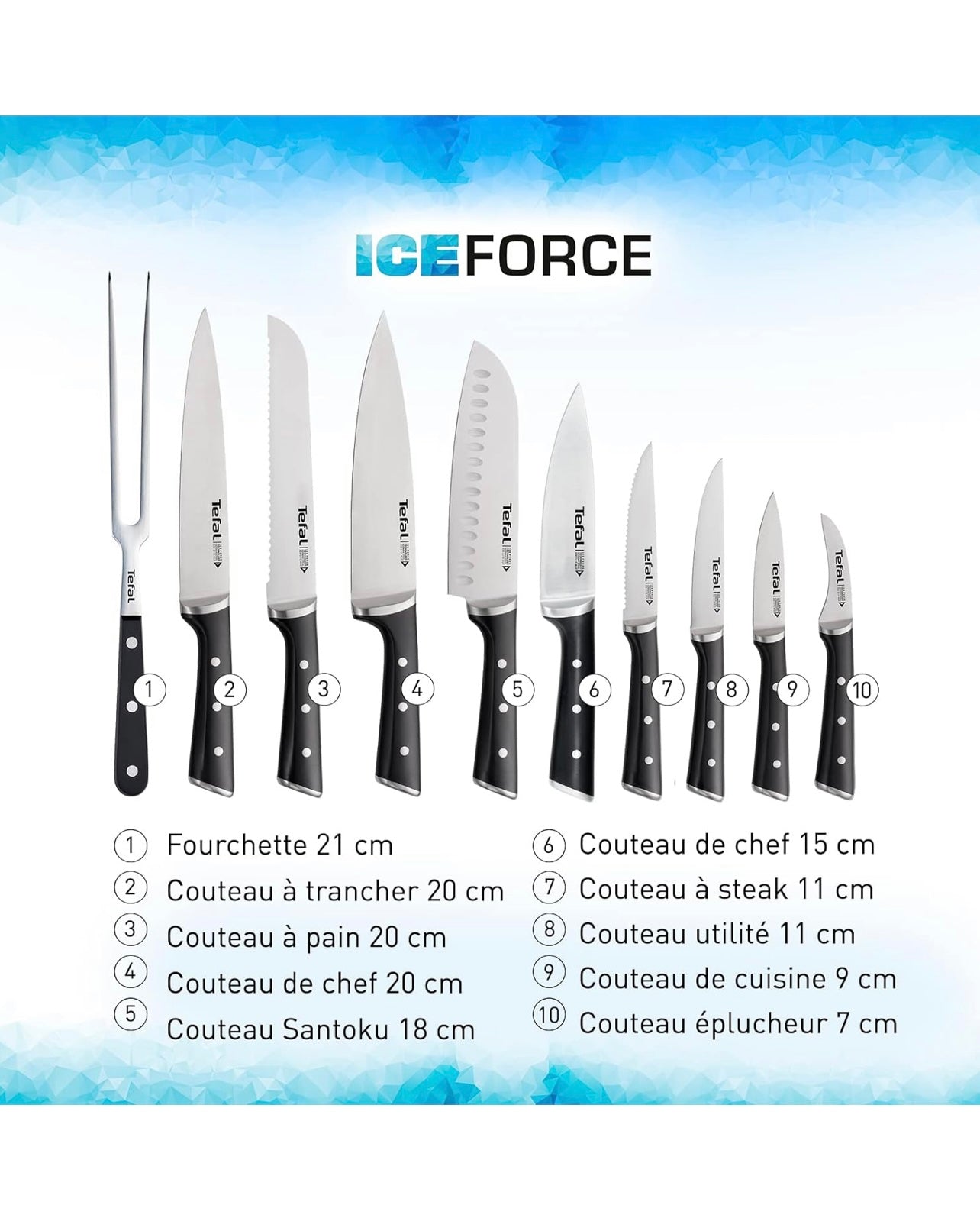 Tefal Ice Force Set de 4 couteaux, Couteau à découper 9 cm + couteau chef 20 cm + couteau d'office 11 cm + couteau à émincer 20 cm K2324S74