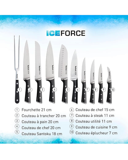 Tefal Ice Force Set de 4 couteaux, Couteau à découper 9 cm + couteau chef 20 cm + couteau d'office 11 cm + couteau à émincer 20 cm K2324S74