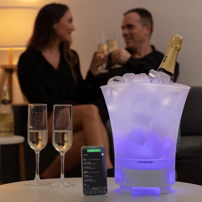 InnovaGoods® Seau LED avec haut-parleur rechargeable Sonice, garde vos boissons fraîches et vous divertit avec de la musique, design compact et élégant, idéal pour la maison et les fêtes.