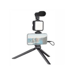 INOVALLEY- Trépied Téléphone avec Lampe - Tripod avec Microphone - LEDs avec 3 Réglages de Couleur - pour Téléphones de 53 à 84 MM - Modèle de Table et Perche à Selfies - Matériau en Plastique - Noir