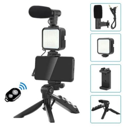 INOVALLEY- Trépied Téléphone avec Lampe - Tripod avec Microphone - LEDs avec 3 Réglages de Couleur - pour Téléphones de 53 à 84 MM - Modèle de Table et Perche à Selfies - Matériau en Plastique - Noir