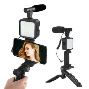 INOVALLEY- Trépied Téléphone avec Lampe - Tripod avec Microphone - LEDs avec 3 Réglages de Couleur - pour Téléphones de 53 à 84 MM - Modèle de Table et Perche à Selfies - Matériau en Plastique - Noir