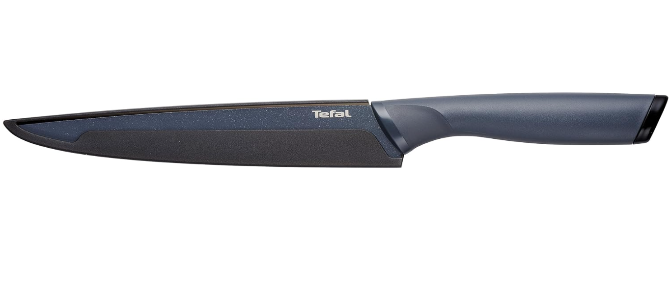 Tefal Fresh Kitchen Couteau à trancher 20 cm, Lame en acier inoxydable avec titane de haute qualité, Revêtement antiadhésif, Zone confort, Etui de protection de lame K1221205