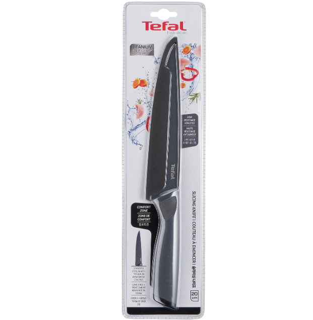 Tefal Fresh Kitchen Couteau à trancher 20 cm, Lame en acier inoxydable avec titane de haute qualité, Revêtement antiadhésif, Zone confort, Etui de protection de lame K1221205