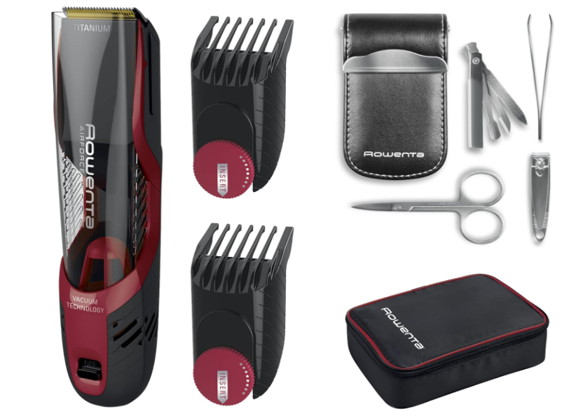 Rowenta Airforce Ultimate Tondeuse cheveux avec système d'aspiration, Equipement précision, Lames auto-affûtées avec un revêtement Titanium, Coupe parfaite, Pochette de rangement TN9310F1