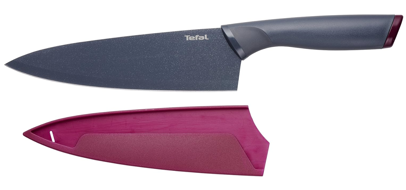 Tefal Fresh Kitchen Couteau chef 20 cm, Lame en acier inoxydable avec titane de haute qualité, Revêtement antiadhésif, Zone confort, Etui de protection de lame K1220205, Gris