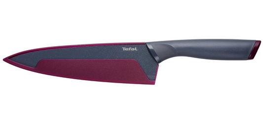 Tefal Fresh Kitchen Couteau chef 20 cm, Lame en acier inoxydable avec titane de haute qualité, Revêtement antiadhésif, Zone confort, Etui de protection de lame K1220205, Gris