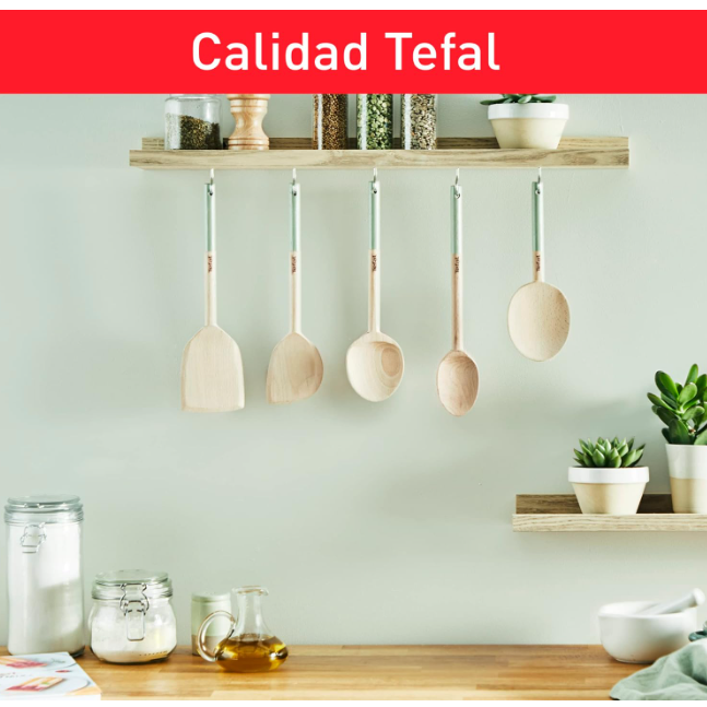 Tefal Lot de 5 ustensiles de cuisine Natura : cuillère 28 cm, cuillère 29 cm, spatule lame 28 cm, spatule angulaire 29 cm et support, ustensiles de cuisine en bois certifié FSC, K270S5