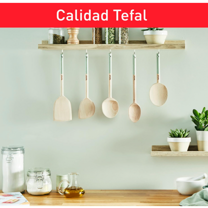 Tefal Lot de 5 ustensiles de cuisine Natura : cuillère 28 cm, cuillère 29 cm, spatule lame 28 cm, spatule angulaire 29 cm et support, ustensiles de cuisine en bois certifié FSC, K270S5