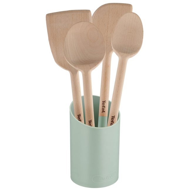 Tefal Lot de 5 ustensiles de cuisine Natura : cuillère 28 cm, cuillère 29 cm, spatule lame 28 cm, spatule angulaire 29 cm et support, ustensiles de cuisine en bois certifié FSC, K270S5