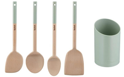 Tefal Lot de 5 ustensiles de cuisine Natura : cuillère 28 cm, cuillère 29 cm, spatule lame 28 cm, spatule angulaire 29 cm et support, ustensiles de cuisine en bois certifié FSC, K270S5