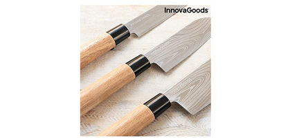 InnovaGoods® Set de cuchillos avec étui de transport professionnel Damas Q offre une coupe précise et sûre, acier inoxydable et design élégant, idéal pour la maison et la cuisine professionnelle.