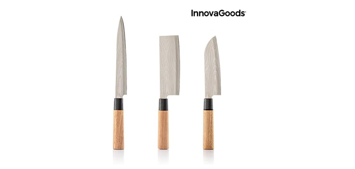 InnovaGoods® Set de cuchillos avec étui de transport professionnel Damas Q offre une coupe précise et sûre, acier inoxydable et design élégant, idéal pour la maison et la cuisine professionnelle.