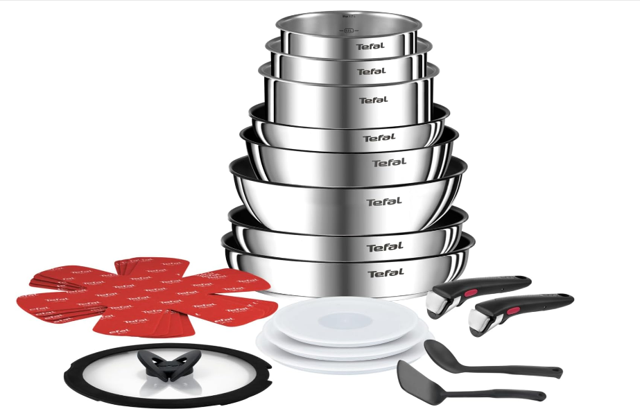 Tefal Ingenio Batterie cuisine 20 pcs, Poêles, Casseroles, Wok, Sauteuse, Couvercles, Poignées amovibles, Induction, Acier inoxydable, Compatible lave-vaisselle, Garantie 5 ans, Emotion L897SJ04